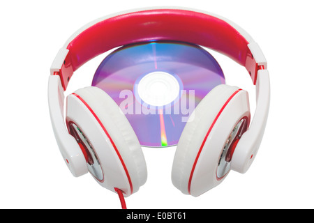 Colorful casual wired headphones and multimedia disc isolated on white Stock Photo