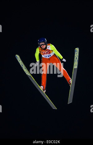 Daniela Iraschko-Stolz (AUT) competing in Women's Ski Jumping at t he Olympic Winter Games, Sochi 2014 Stock Photo