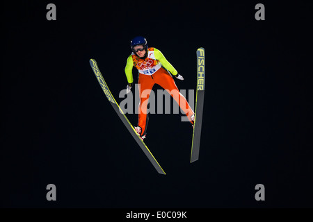 Daniela Iraschko-Stolz (AUT) competing in Women's Ski Jumping at t he Olympic Winter Games, Sochi 2014 Stock Photo