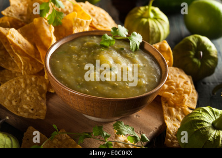 Homemade Salsa Verde with Cilantro and Tortilla Chips Stock Photo