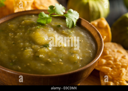 Homemade Salsa Verde with Cilantro and Tortilla Chips Stock Photo
