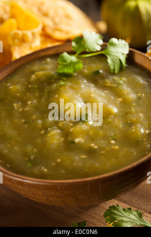 Homemade Salsa Verde with Cilantro and Tortilla Chips Stock Photo
