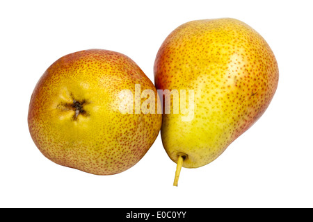two fresh ripe golden pears on white background Stock Photo