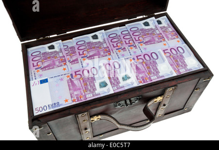 A big chest with euro of bank notes. Financial crisis, crisis, debts., Eine grosse Truhe mit Euro Banknoten. Finanzkrise, Krise, Stock Photo