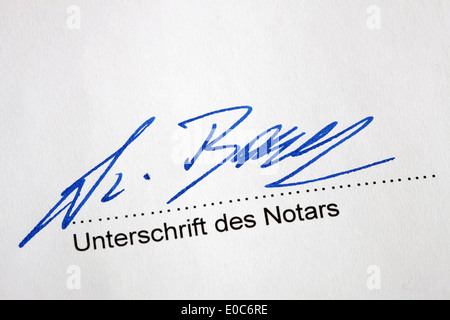 Signature of the notary public under a notarial arrangement, Unterschrift des Notars unter eine notarielle Vereinbarung Stock Photo