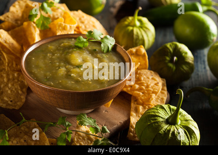 Homemade Salsa Verde with Cilantro and Tortilla Chips Stock Photo