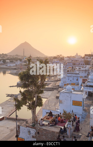 India, Rajasthan, Pushkar Holy Town, Bathing Ghats on the Lake Stock Photo