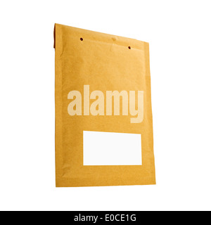 Blank yellow document envelope with blank address label on white background Stock Photo