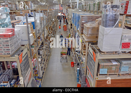 View down an aisle at Hone Depot store in Jericho, Long Island, New York Stock Photo