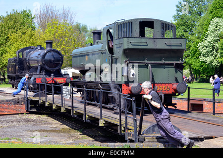 Didcot Railway Centre, home of the Great Western Society. A tank engine being turned on the manual turntable.