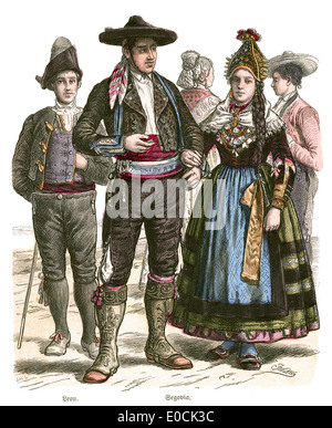 Traditional costumes of Spain and man from Allicante and Zamora, 19th ...