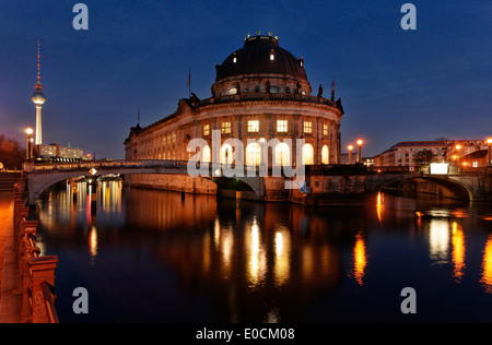 River Spree, Bode Museum and Television Tower at night, Museum Island, Mitte, Berlin, Germany, Europe Stock Photo