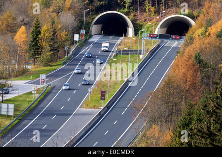 On the highway in Austria tunnel, Auf der Tauern Autobahn in Österreich gibt es viele Tunnels Stock Photo