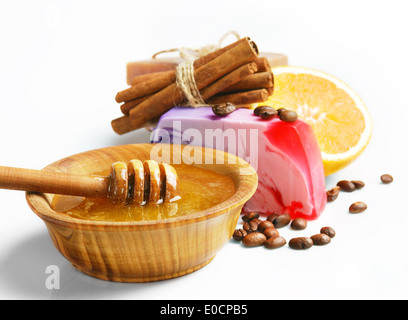 Spa setting with natural soap and sea salt closeup Stock Photo