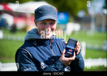 Badminton, UK. 09th May, 2014. Zara Tindall [nee Phillips] is presented with the British Equestrian Federation Medal Of Honour during day two of the 2014 Mitsubishi Motors Badminton Horse Trials. Credit:  Action Plus Sports/Alamy Live News Stock Photo