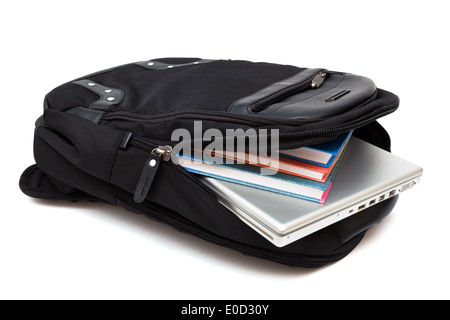 backpack with a laptop and books on white background Stock Photo