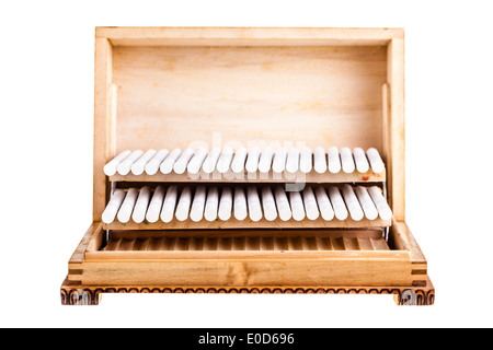 Cigarettes in old wooden box isolated over a white background Stock Photo