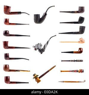 a collection of 18 tobacco pipes isolated over a white background Stock Photo