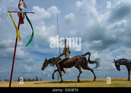 Don Quixote steel sculpture with lance and shield on horseback with standard and pony in Varadero Cuba Stock Photo