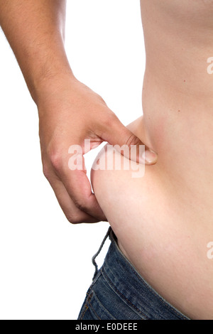 Overweight man pinches the extra flab around his waist that is sometimes called a 'spare tire.' Stock Photo