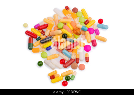 Many coloured tablets on white background. Symbolic photo for medicine and drugs, Viele bunte Tabletten auf weissem Hintergrund. Stock Photo