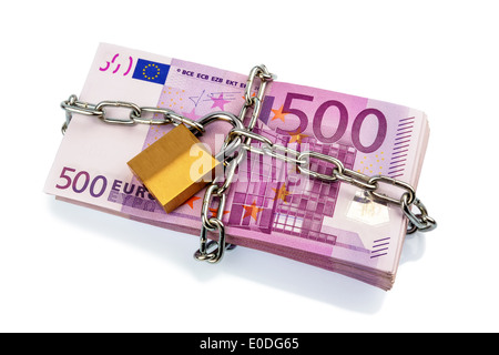 Euro-bank notes with chain and padlock. Symbolic photo for security and inflation., Euro-Geldscheine mit Kette und Vorhaengeschl Stock Photo