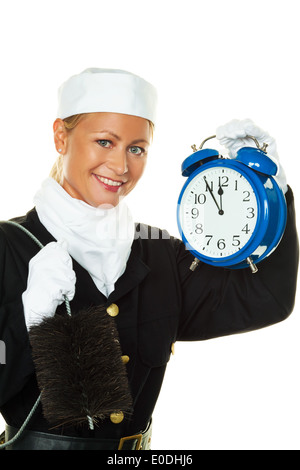 Woman as a chimney sweep. Luck bringer to New Year's Eve and turn of the year., Frau als Schornsteinfeger. Gluecksbringer zu Sil Stock Photo