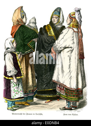 Traditional costumes of Russia, 17th and 18th Century. Winter costumes of the women in Torshko, and women from Rjasan. Stock Photo