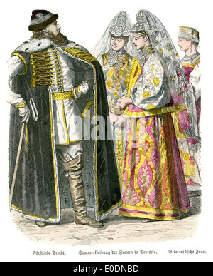 Traditional costumes of Russia, 17th and 18th Century. Summer costumes of the women in Torshko, and woman from Beloskirsche. Stock Photo