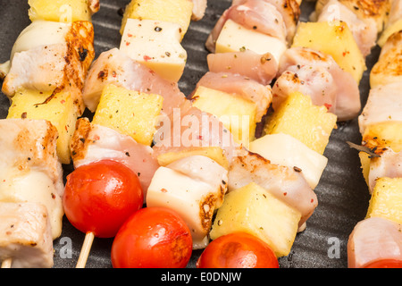 Exotic Skewers With Chicken Meat, Cherry Tomatoes, Pineapple And Mozzarella Stock Photo