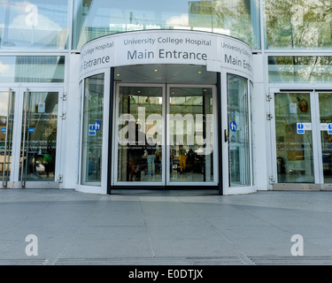 The main entrance to University College Hospital on Euston Road, sliding doors open. London, England. Stock Photo