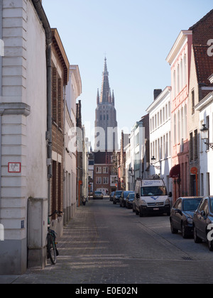 A view of The Church Of Our Lady in Bruges, Belgium from  Waalsestraat Stock Photo