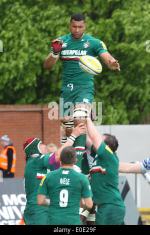 Leicester, UK. 10th May, 2014. Tigers Steve Mafi takes the line out during the Aviva Premiership match between Leicester Tigers and Saracens at Welford Road. Credit:  Action Plus Sports/Alamy Live News Stock Photo