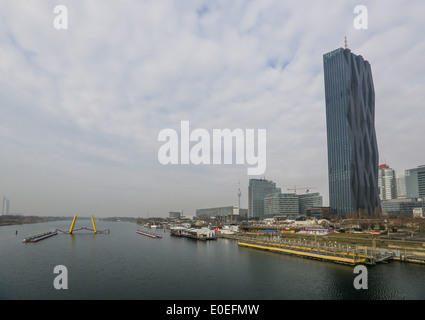 View at DC Tower 1 in Vienna. DC Tower 1 also known as Donau City Tower 1 is 220 m height skyscraper designed by architect Dominique Perrault. Stock Photo