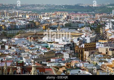 Aerial view of Seville (Plaza de Toros/Bullring in center), Spain Stock Photo