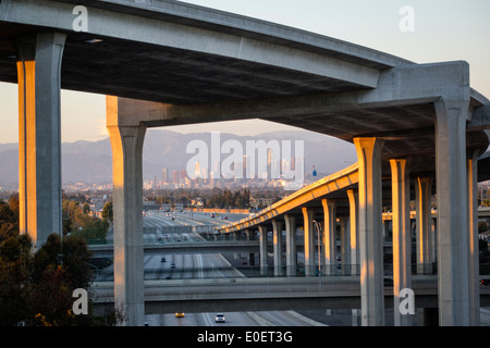 Los Angeles California,Interstate 110 105,I-110 I-105,Harbor Freeway,highway,overpass,freeway,motorway,interchange,junction,elevated roadway,curve,sup Stock Photo