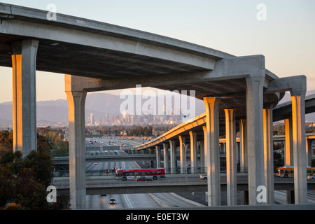 Los Angeles California,Interstate 110 105,I-110 I-105,Harbor Freeway,highway,overpass,freeway,motorway,interchange,junction,elevated roadway,curve,sup Stock Photo