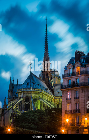 Twilight view of Cathedral Notre Dame and the buildings of Ile-de-la-Cite, Paris France Stock Photo