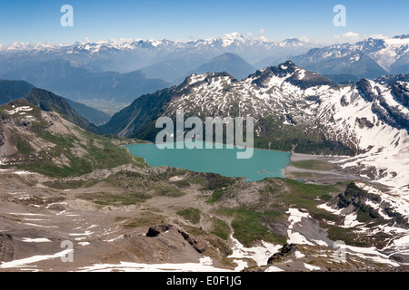 View from the summit of the Haute Cime towards the Lac de Salanfe and the Tour Sallière in the alpine Swiss Canton of Valais Stock Photo