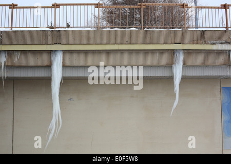 Long icicles hanging from a bridge in Duluth, Minnesota. Stock Photo