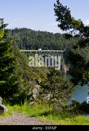 Scenic view of Deception Pass bridge connecting Whidbey Island to Fidalgo Island in Washington State, U.S.A. Stock Photo