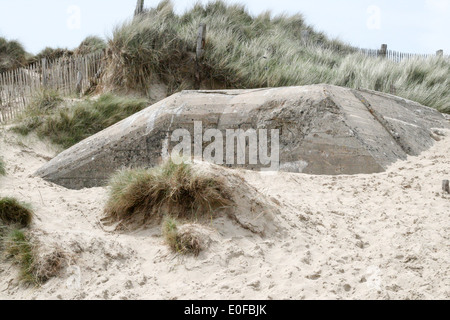 Ruins of concrete German bunker buried in the sand dunes at Utah Beach, Normandy, France Stock Photo