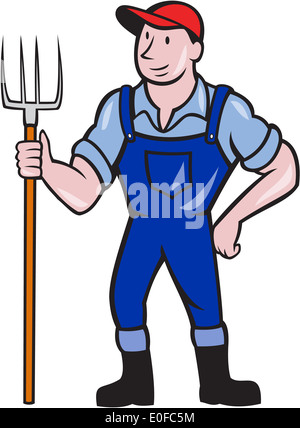 Illustration of organic farmer holding pitchfork facing front standing on isolated background done in cartoon style. Stock Photo