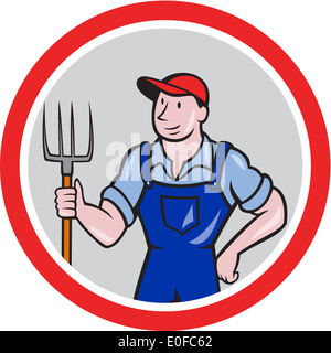 Illustration of organic farmer holding pitchfork facing front set inside circle done in cartoon style Stock Photo