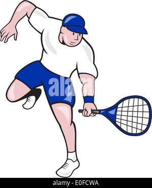 Illustration of a tennis player holding racquet viewed from front on isolated background done in cartoon style. Stock Photo
