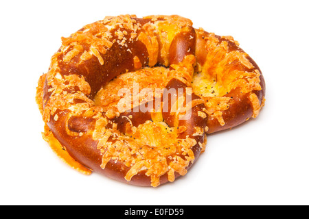 Cheese coated pretzel isolated on a white studio background. Stock Photo