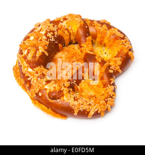 Cheese coated pretzel isolated on a white studio background. Stock Photo