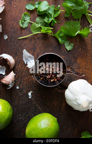 Ingredients. Coriander, lime, garlic, pepper Stock Photo