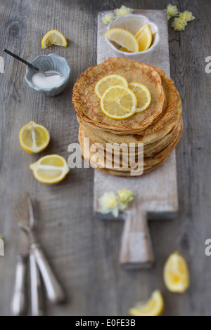 Classic Lemon and Sugar Pancakes Stock Photo