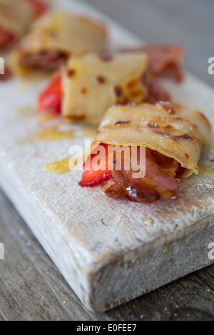 Bacon, Strawberry & Maple Syrup Savoury Pancakes Stock Photo